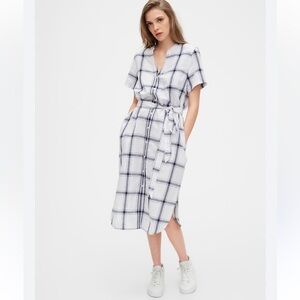 GAP Linen Cotton Midi Shirt Dress Button Down Waist Tie Plaid Size 4